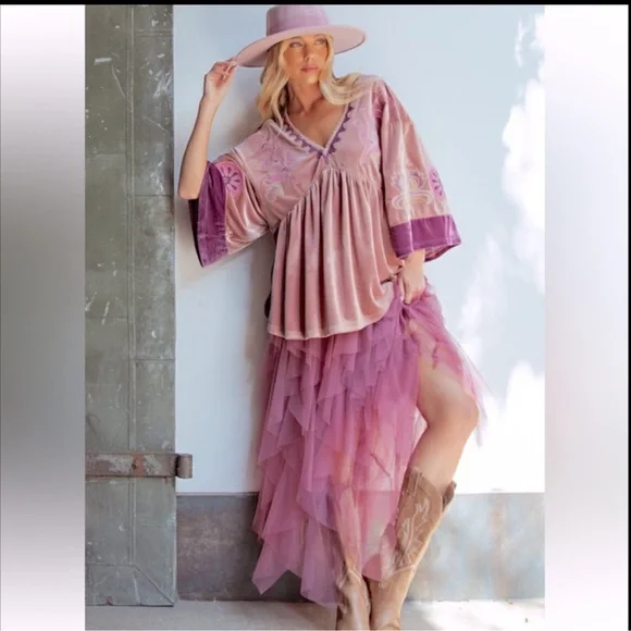 NEW EMBO DETAILING VELVET BABYDOLL BOHO RELAXED SILHOUETTE BLOUSE - Picture 7 of 7